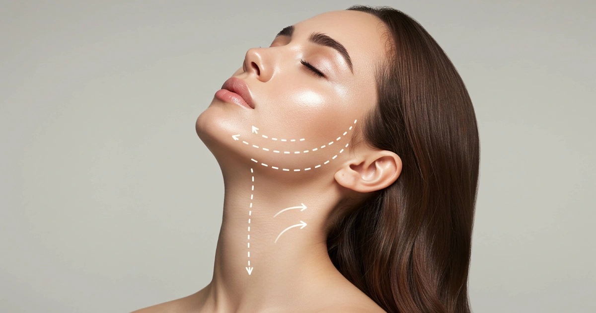 Side profile of a young woman with smooth skin, showing dashed lines and arrows illustrating a non-surgical neck lift in London, ON.